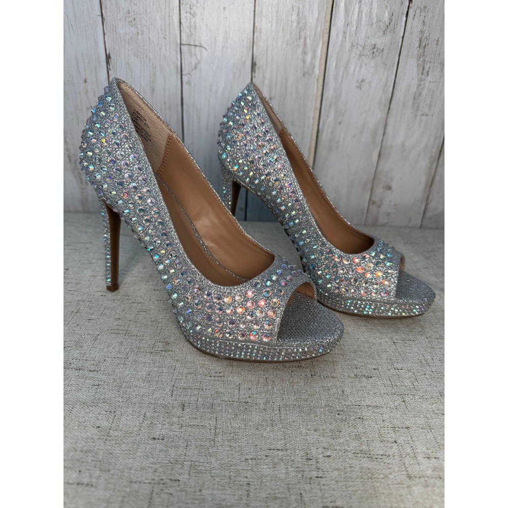 Thalia Sodi Landon Rhinestone Peep Toe Stiletto Heels Silver Glam Party 7.5M
